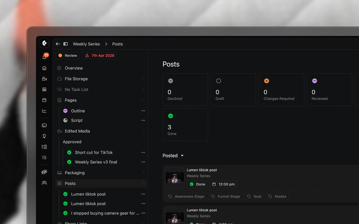 A project's posts, one per platform, with their status and channel