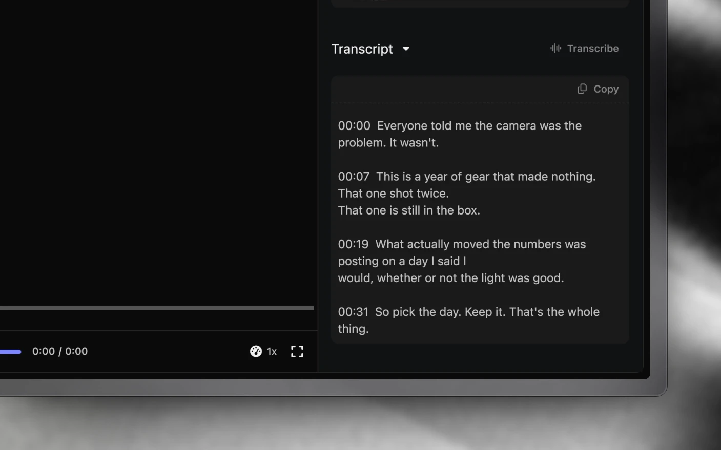 A media file with its timestamped transcript at the foot of the attributes panel