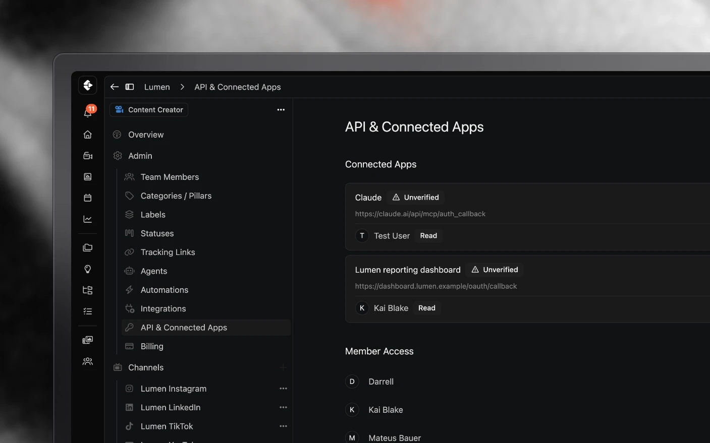 API and connected apps, where MCP connections are authorized and revoked