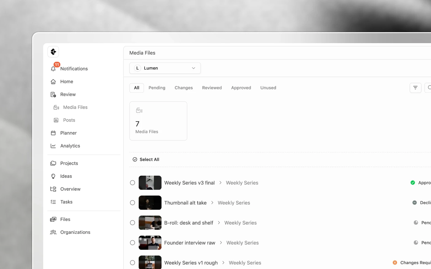 A project's media, raw footage and edits together, each with its review status
