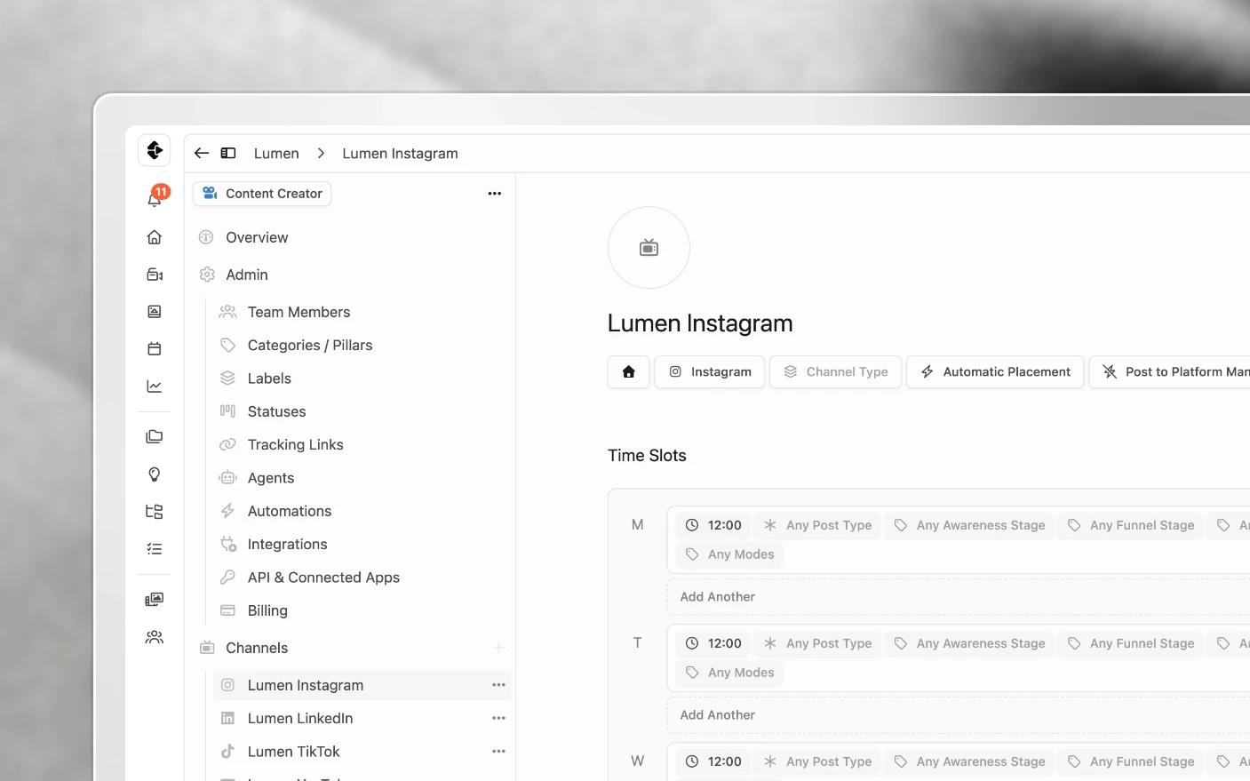 A channel's settings, showing the Instagram account it is connected to and publishes through