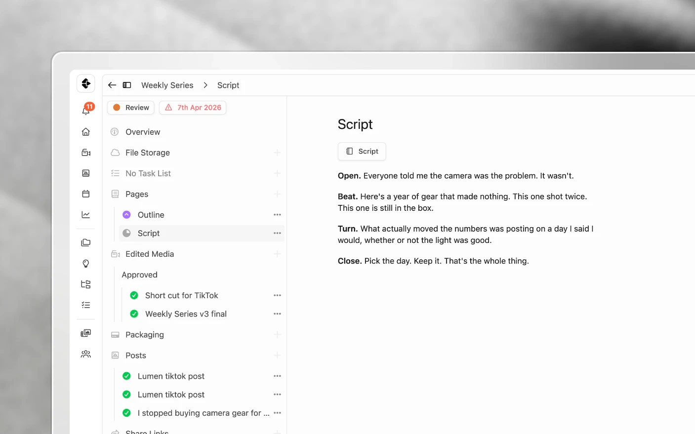 A project page open in the editor, with its review status and the team's comments