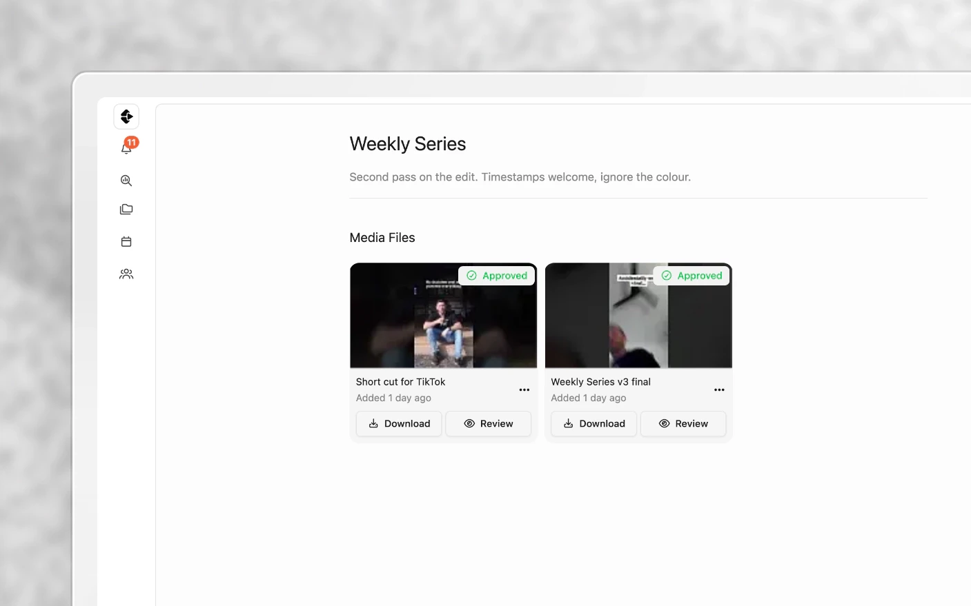 A share link as the reviewer opens it, the cuts they were sent with Download and Review on each