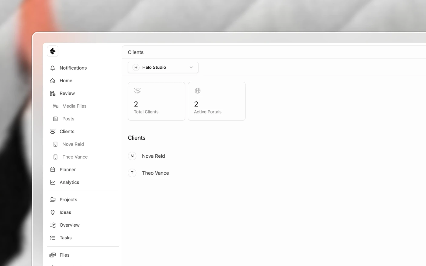 An agency's Clients page listing each client as its own organization, with Clients in the main navigation
