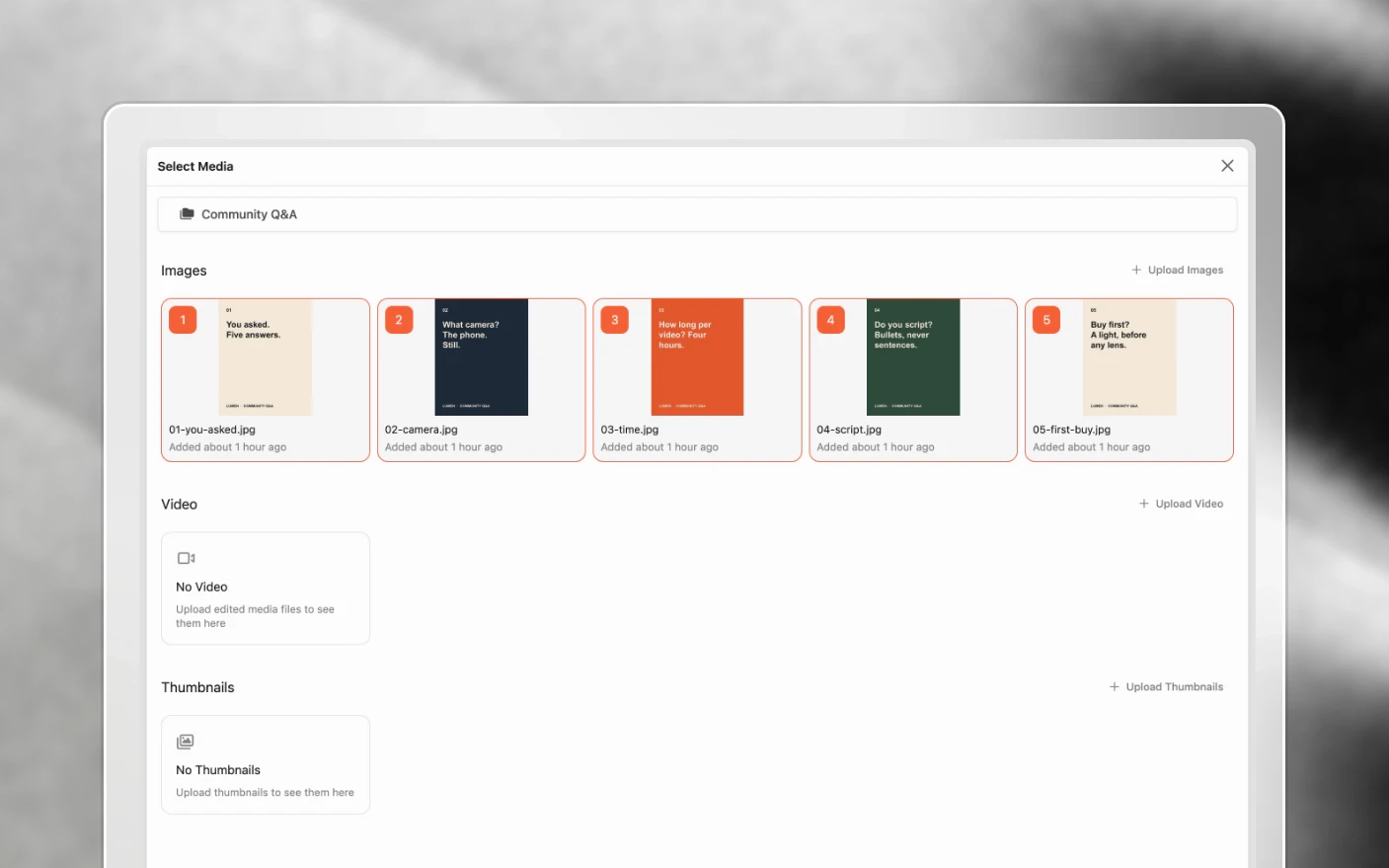 Select Media open over a carousel post, with five slides clicked in order and numbered one to five