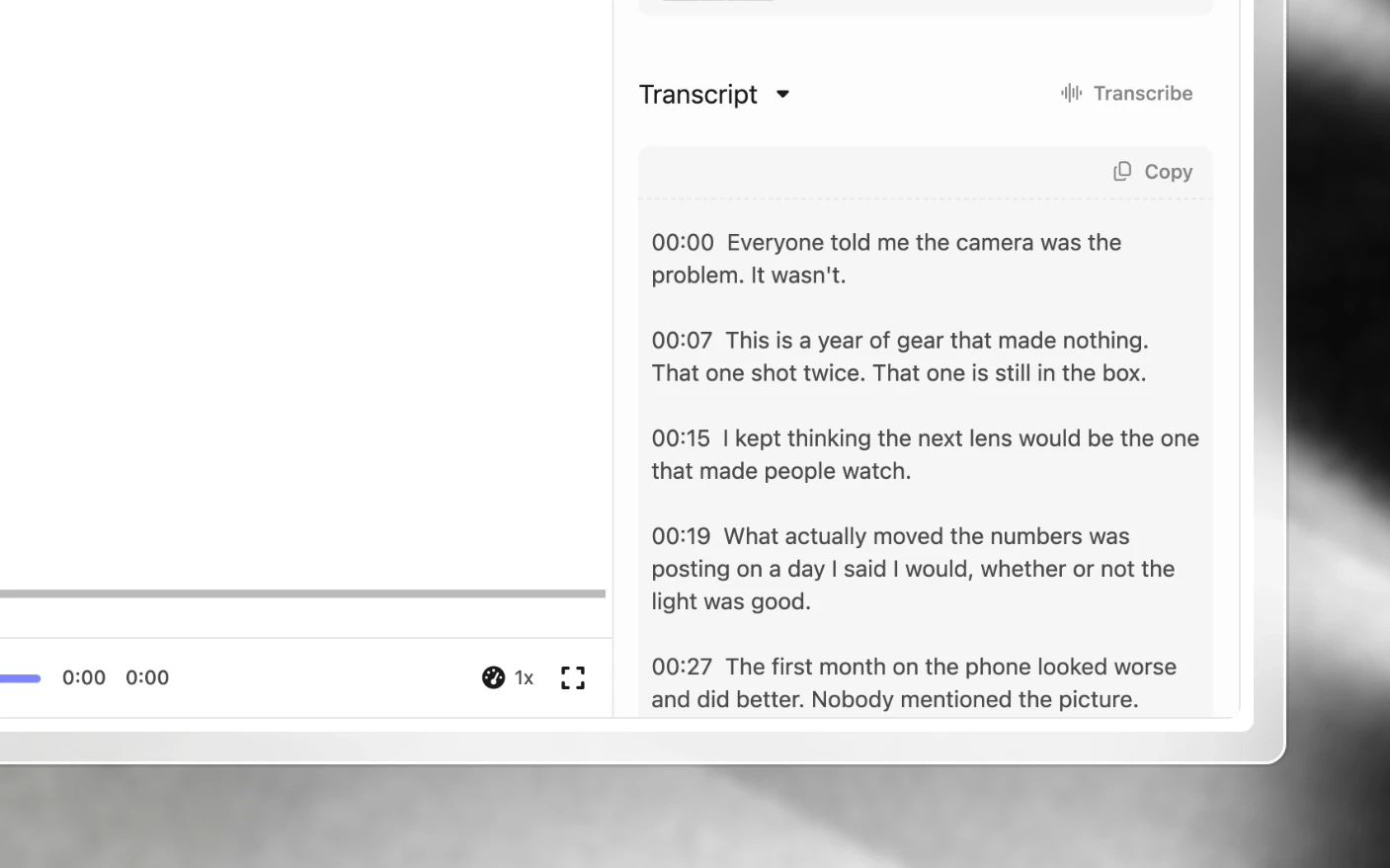 A media file with its timestamped transcript at the foot of the attributes panel