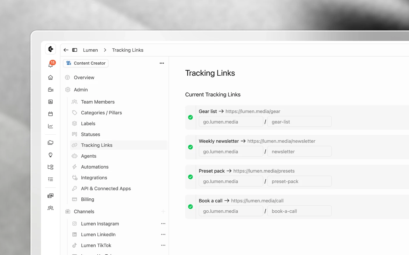Tracking links served from the brand's own domain, go.lumen.media, with their click counts