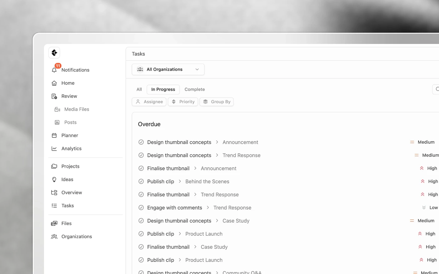 The task list, every open task across projects with its due date and assignee