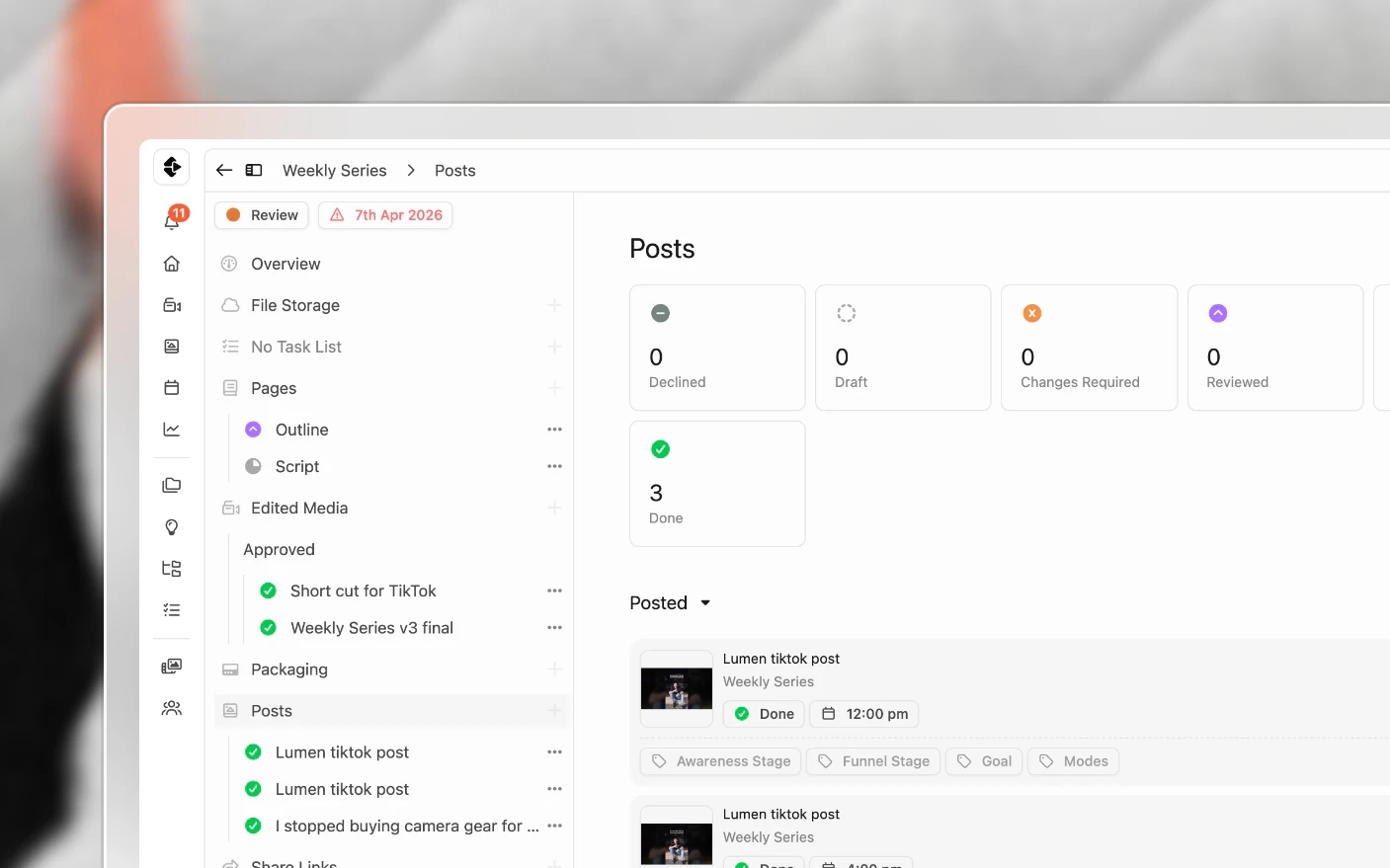 A project's posts, one per platform, with their status and channel