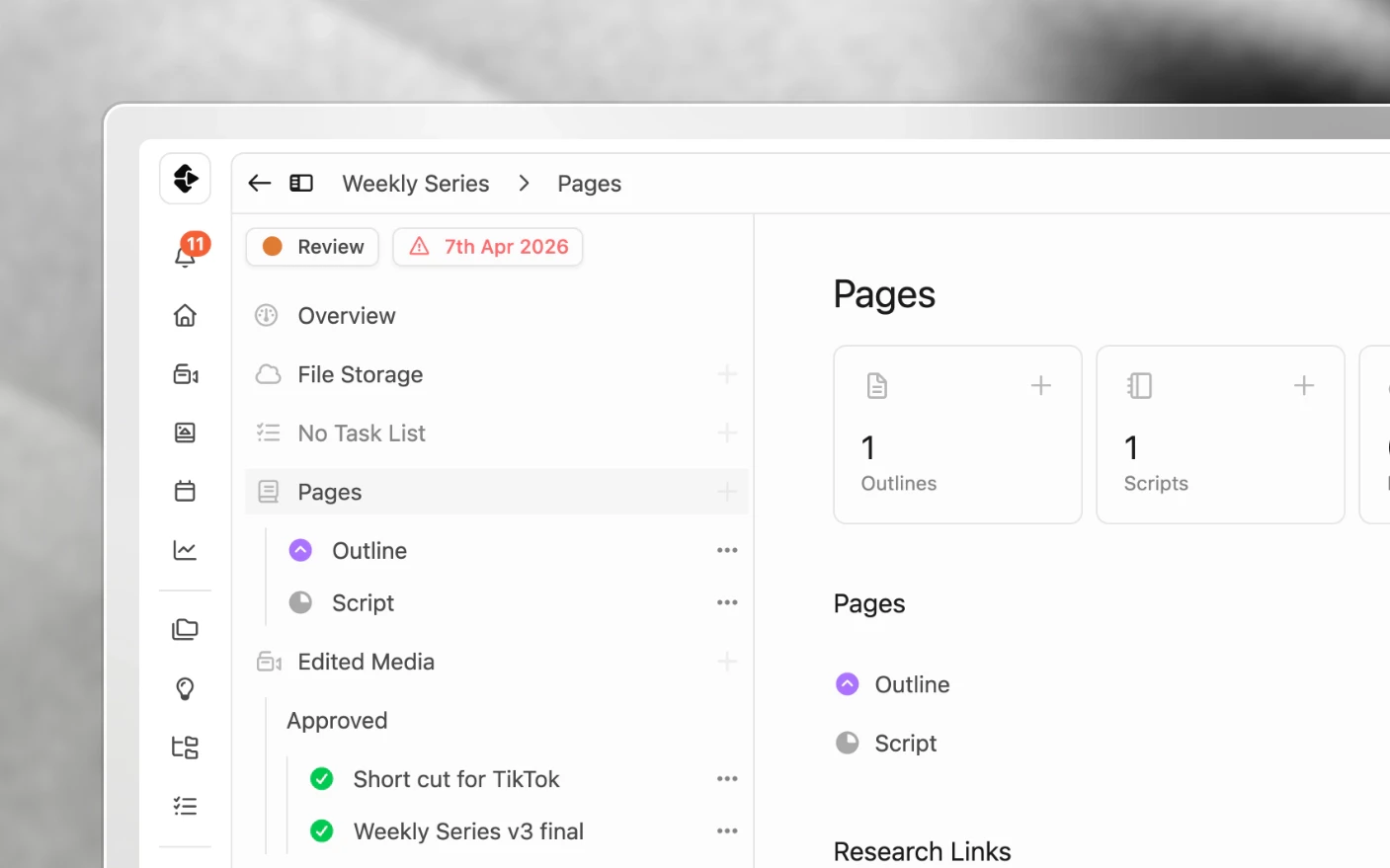 The project explorer with its sections for tasks, pages, media, packaging, posts and links