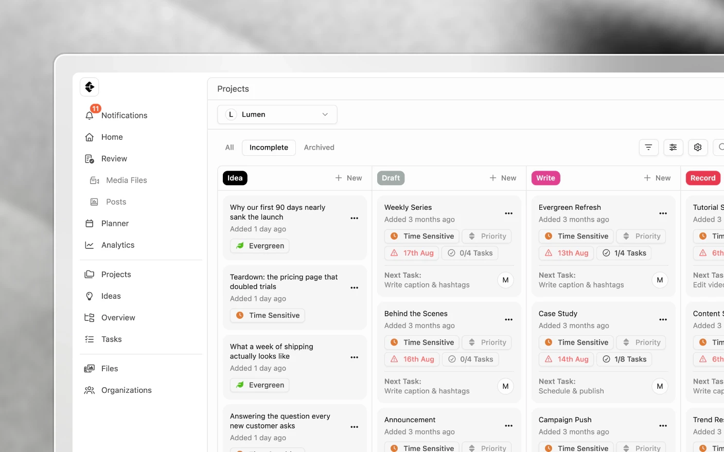 The Projects screen, filtered and grouped by status, where views are saved
