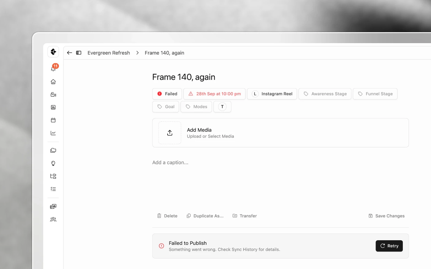 A failed Instagram post showing Failed and a red date under the title, and the Failed to Publish banner with Retry