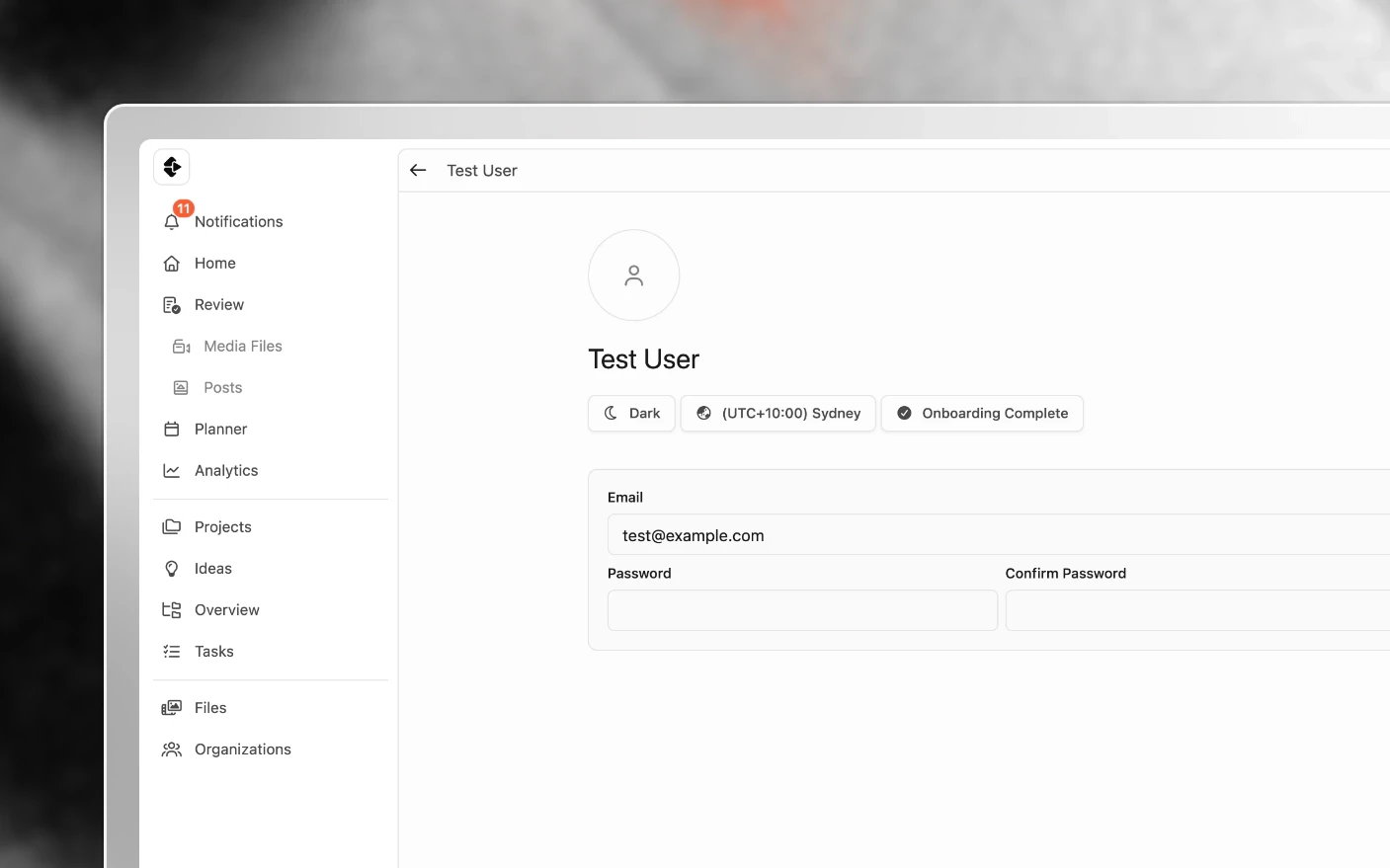 Your profile: name, photo, time zone and theme, and the organizations you belong to