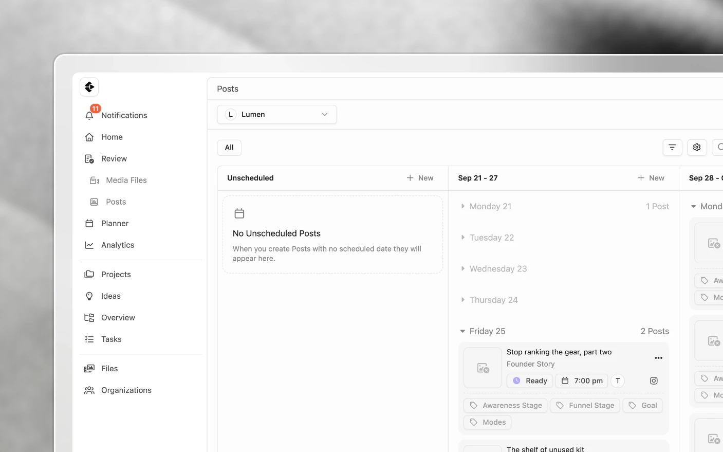 The publishing planner on this week and next, Ready posts placed in their time slots day by day