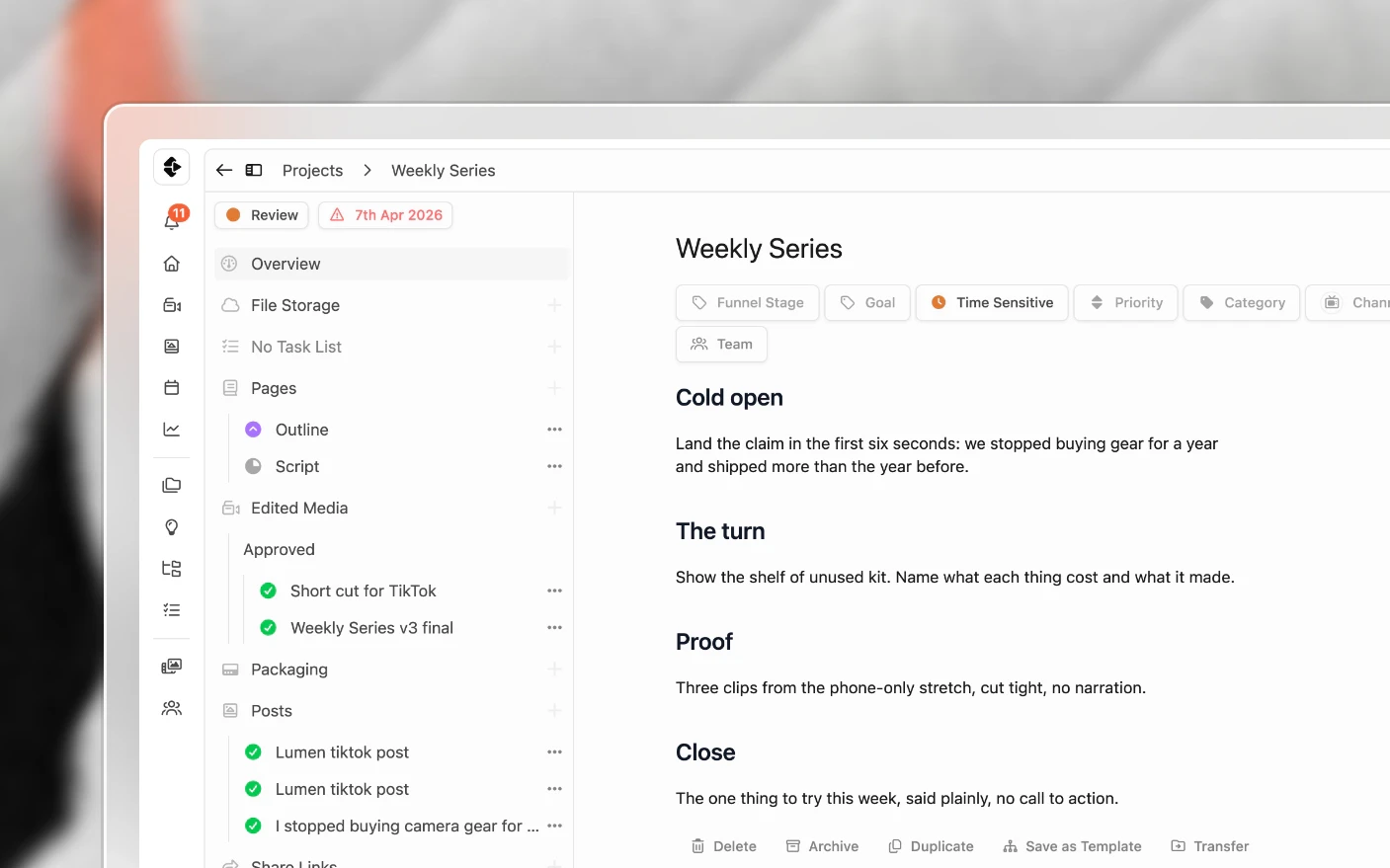 Inside a Clipflow project: the explorer on the left with tasks, pages, media and posts, and the project overview beside it
