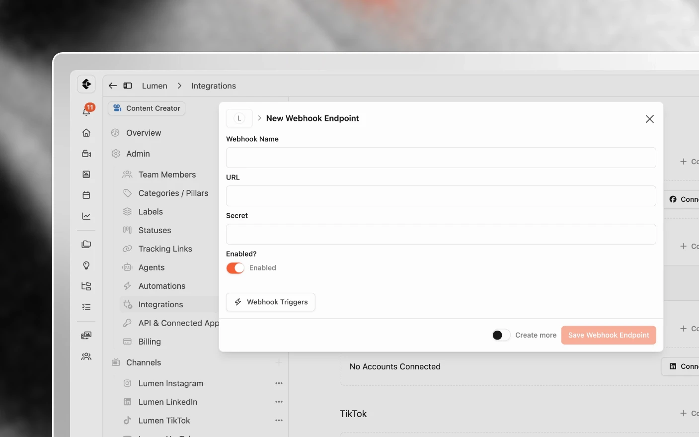 The new webhook endpoint form: its name, the URL Clipflow posts to, a signing secret, and the triggers it fires on