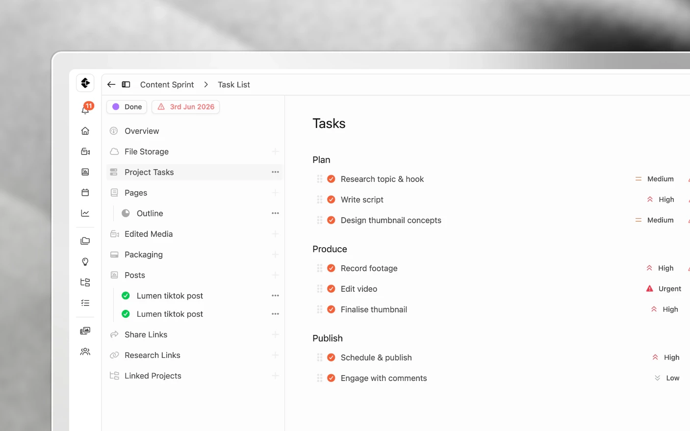 A task list template, its tasks grouped into sections with relative due dates