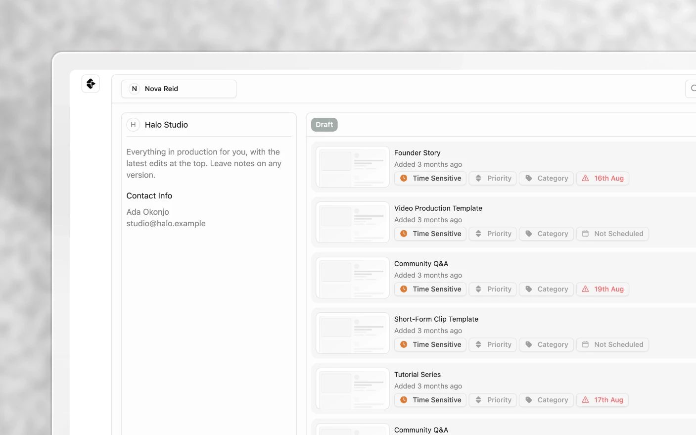 A client portal as the client sees it, their work grouped by status with the agency's contact details