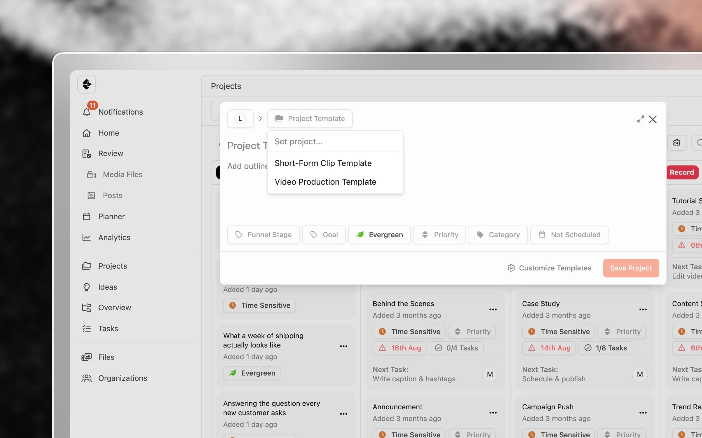 The new project dialog with its template picker open, choosing which template the project starts from