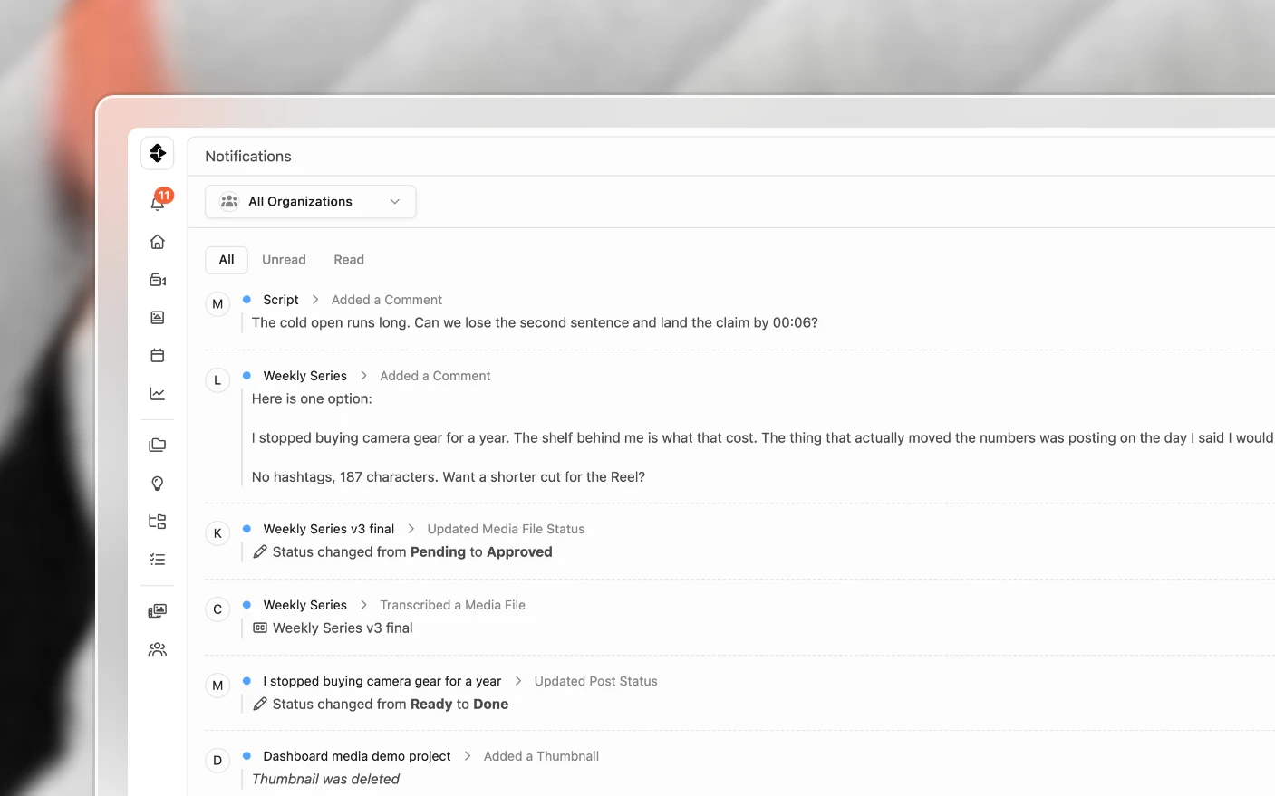The notifications inbox, activity grouped by project across organizations