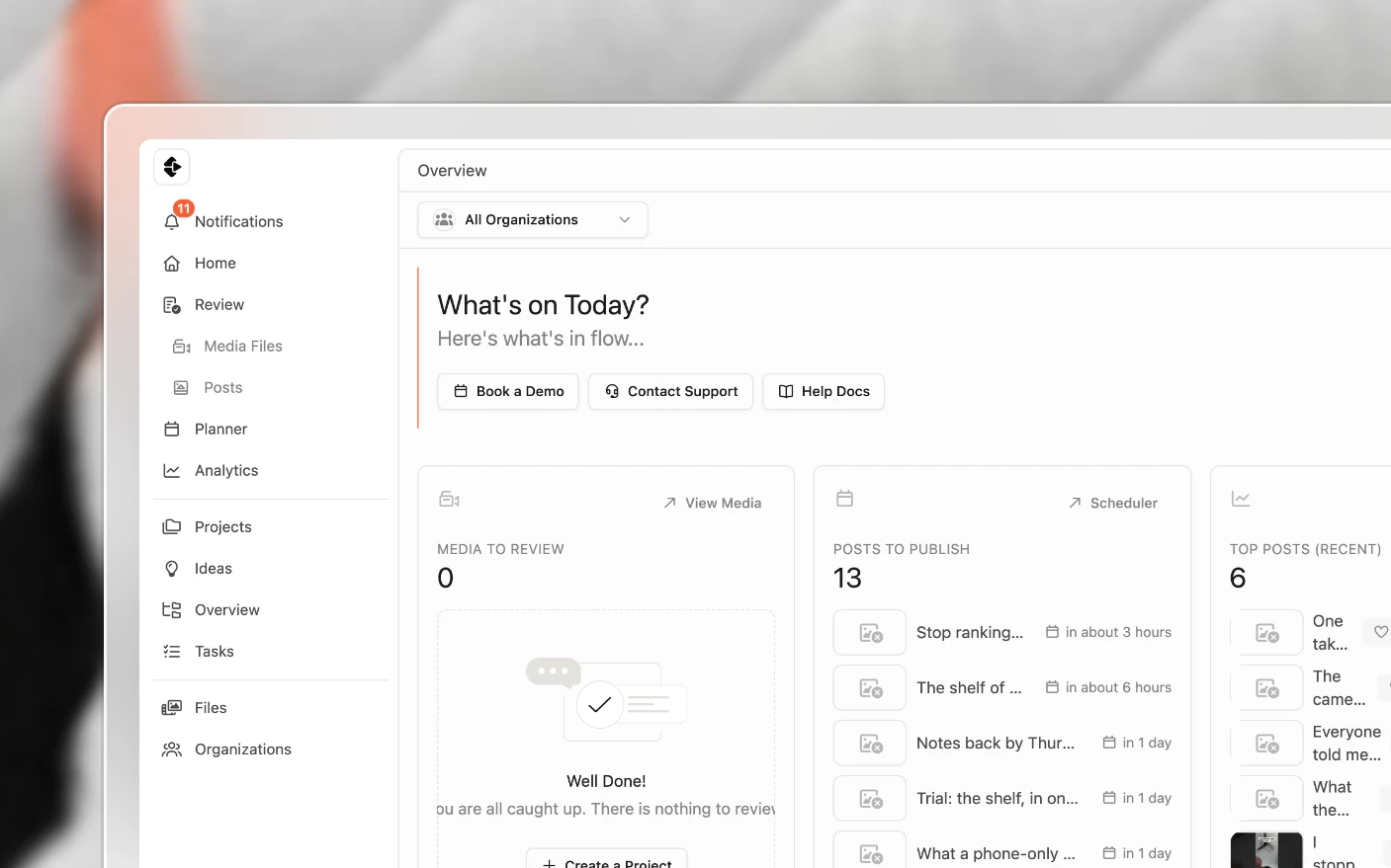 The Clipflow home screen: today's media waiting on review, posts ready to publish, and recent outliers, across every organization
