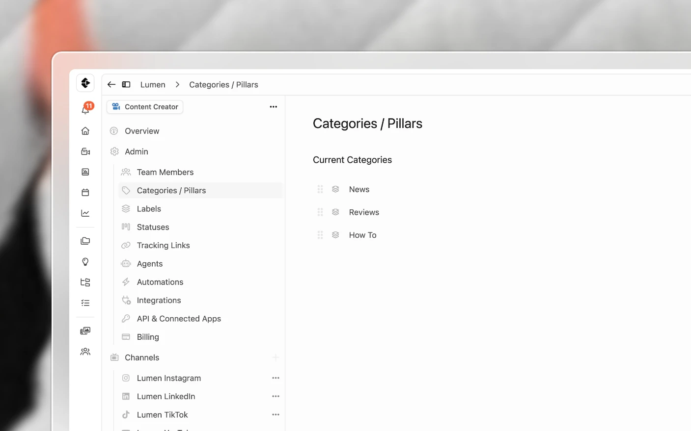 Organization settings open on categories, beside the statuses and labels that shape the workflow