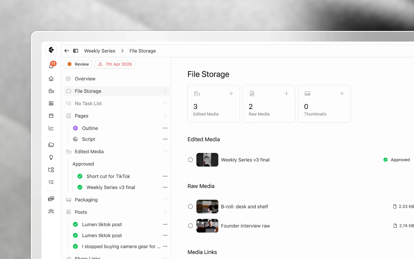 A project's file storage, with counts by type and each kind of file in its own list