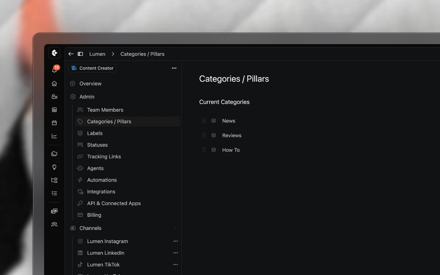 Organization settings open on categories, beside the statuses and labels that shape the workflow