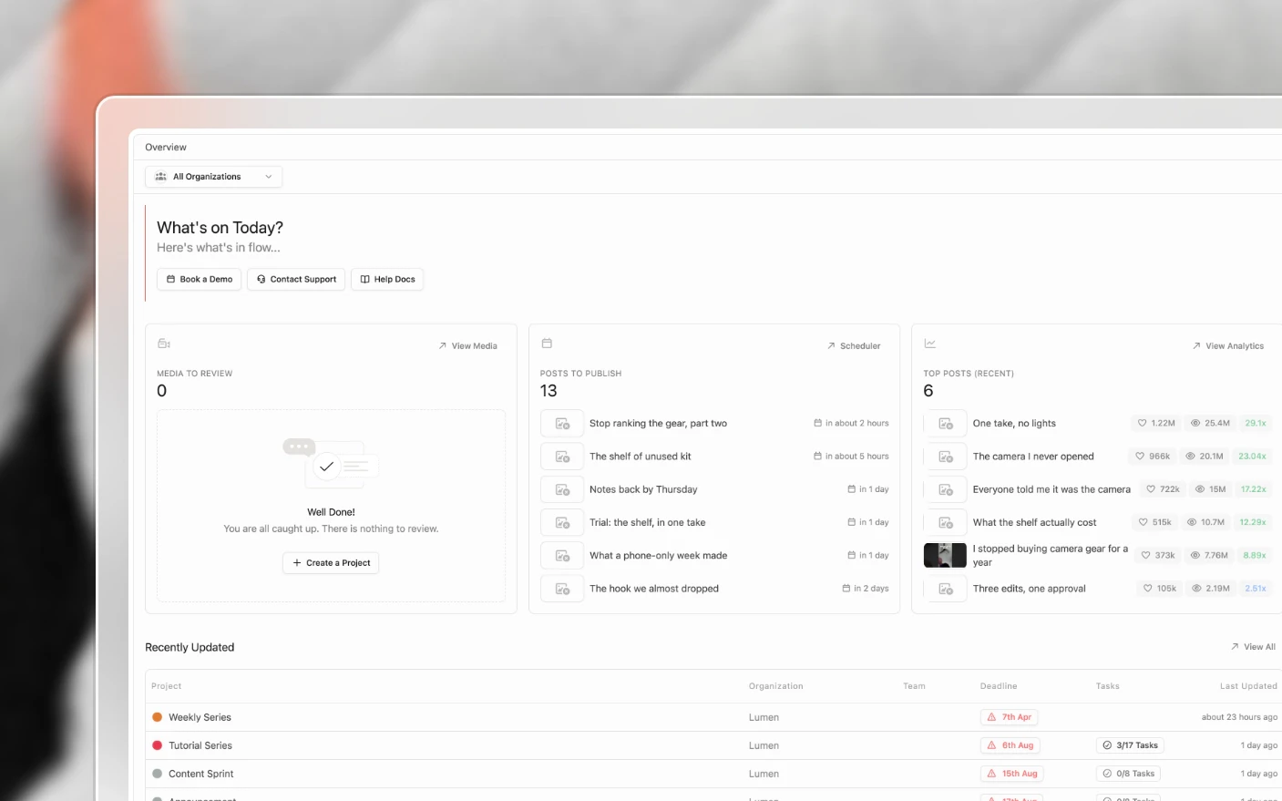 The Clipflow home screen with media to review, posts to publish and recent top posts