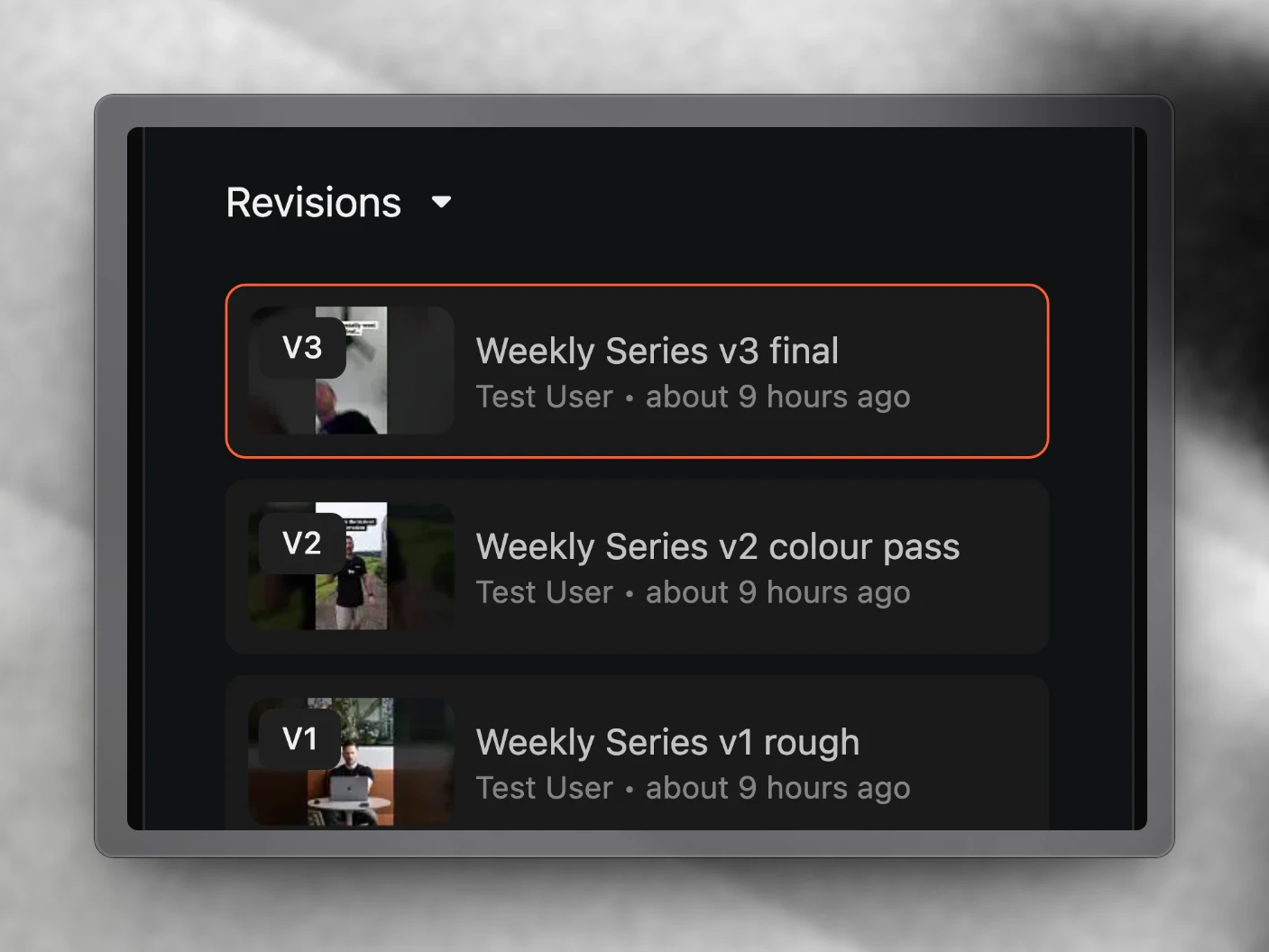 A media file's revision history, each version showing who uploaded it and when