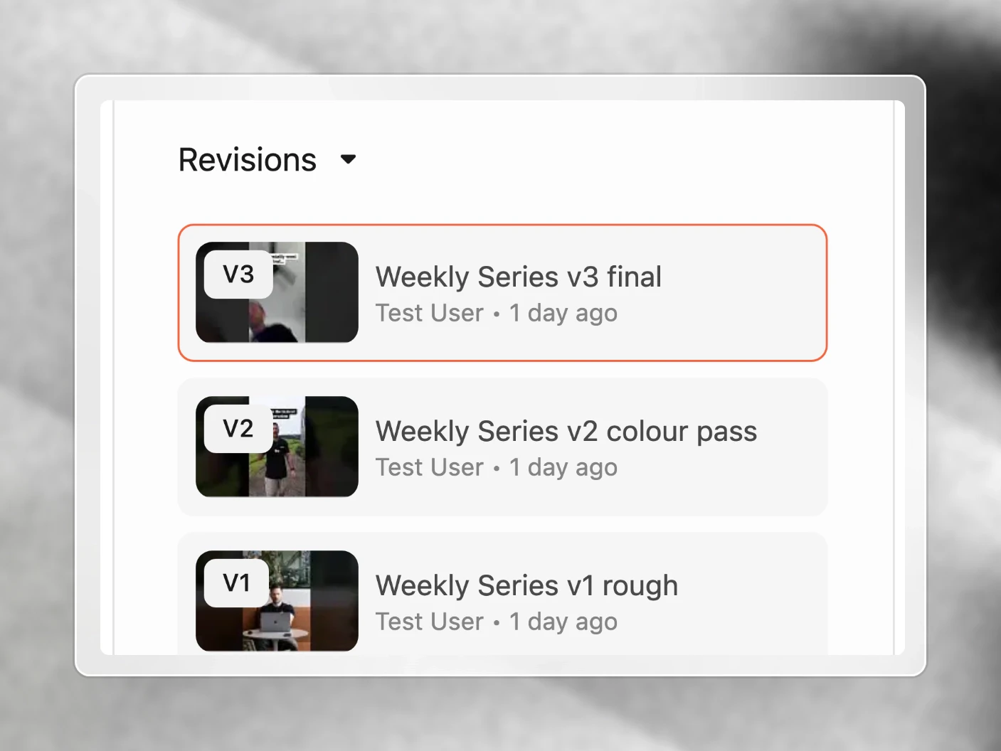 A media file's revision history, each version showing who uploaded it and when