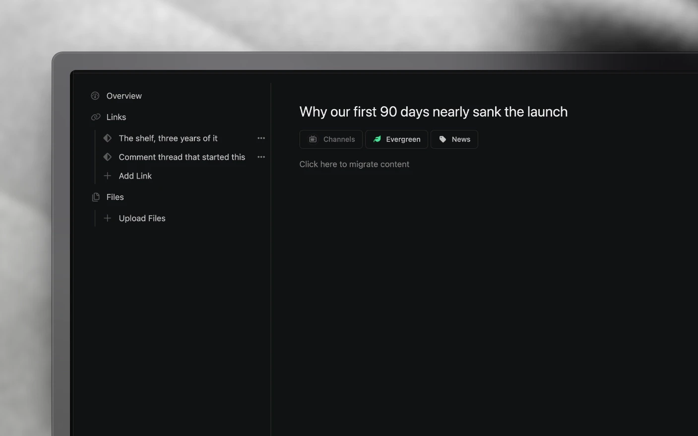 An idea opened up, with reference links and files attached beside its labels