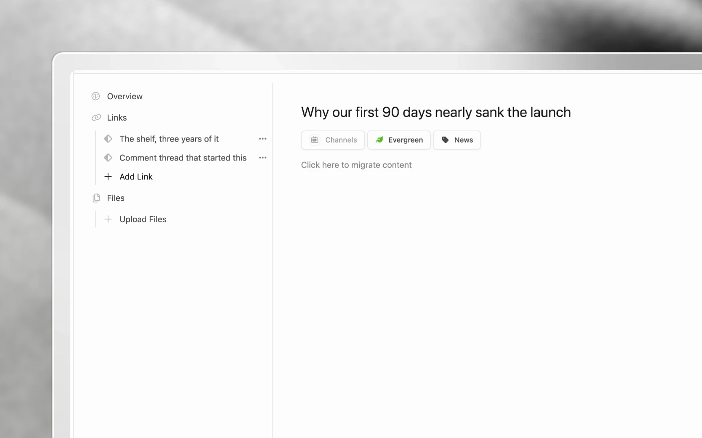 An idea opened up, with reference links and files attached beside its labels