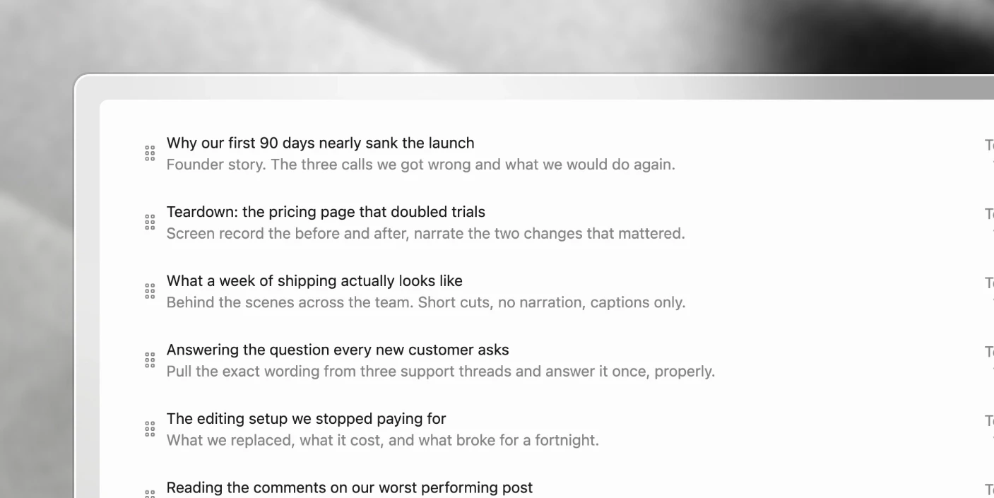 The ideas board, with content ideas waiting to become projects