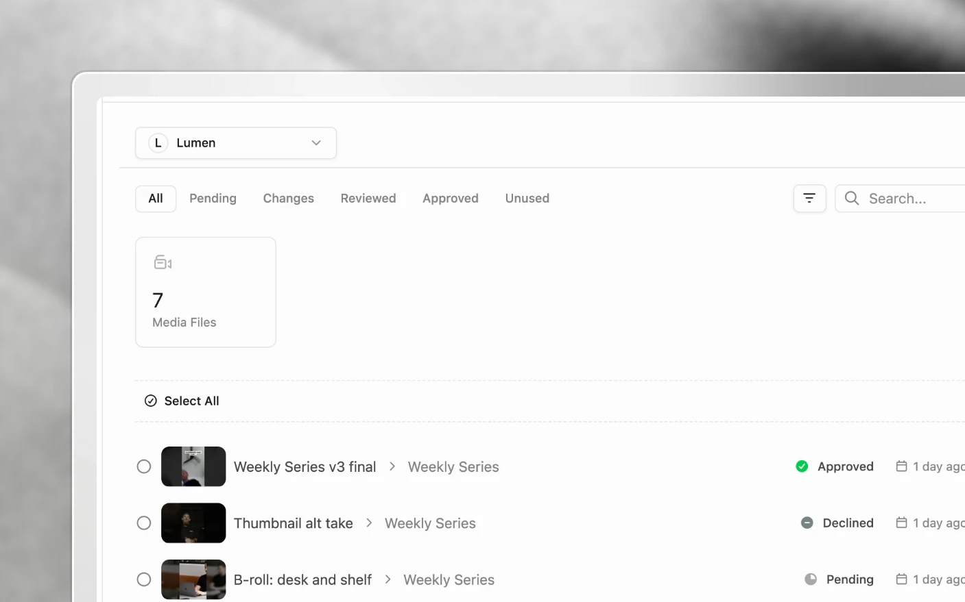 Media files listed with their review state, from raw footage through to approved