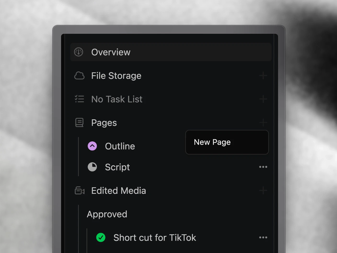 The New Page option beside Pages in a project's explorer, above the project's outline and script