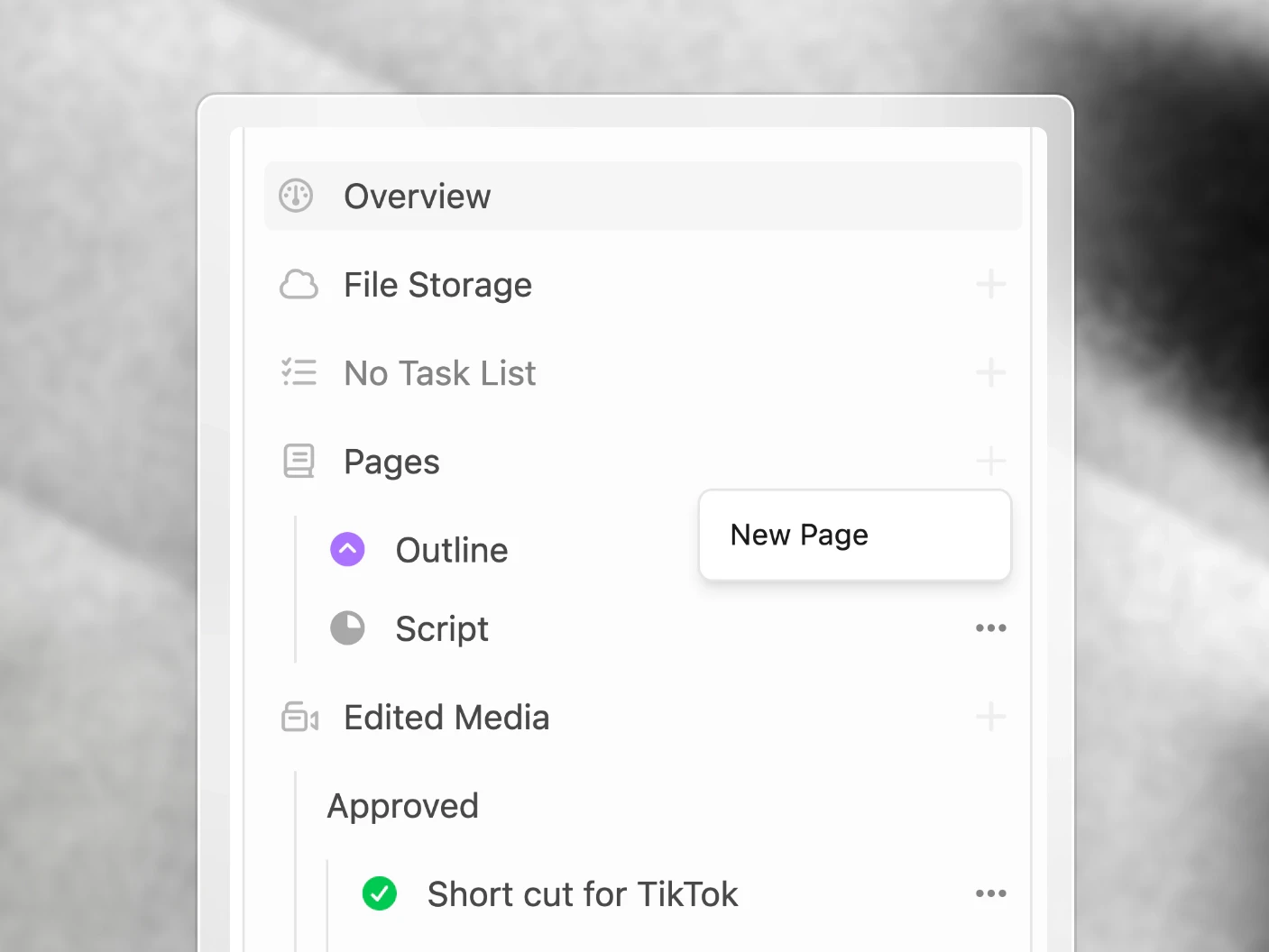 The New Page option beside Pages in a project's explorer, above the project's outline and script