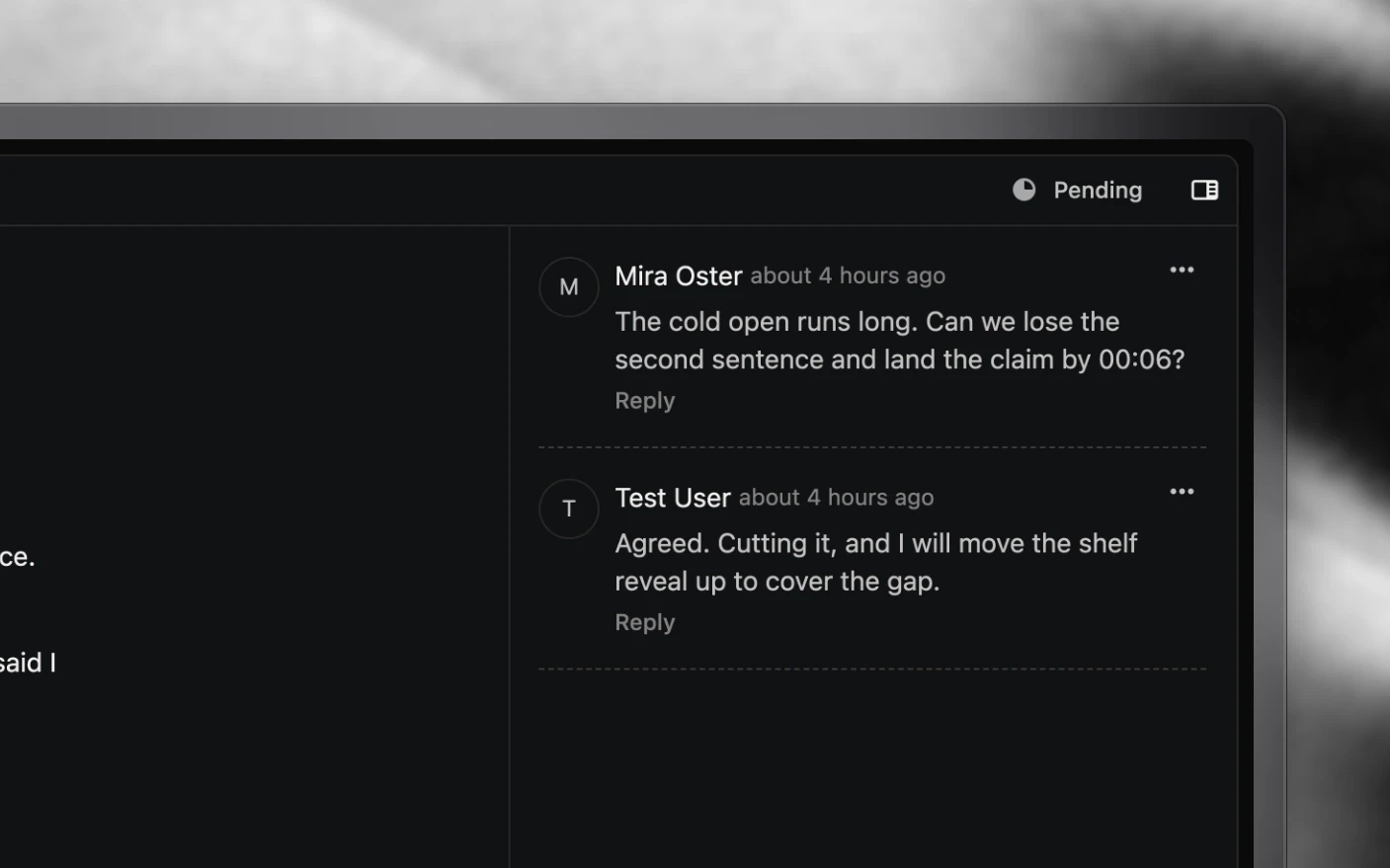 Comments beside a script: a request to tighten the cold open and the writer's reply agreeing to the change