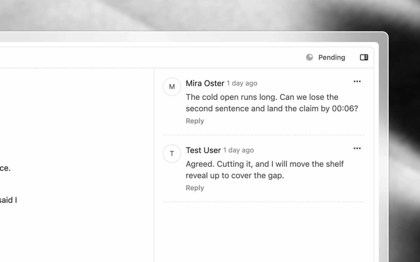 Comments beside a script: a request to tighten the cold open and the writer's reply agreeing to the change