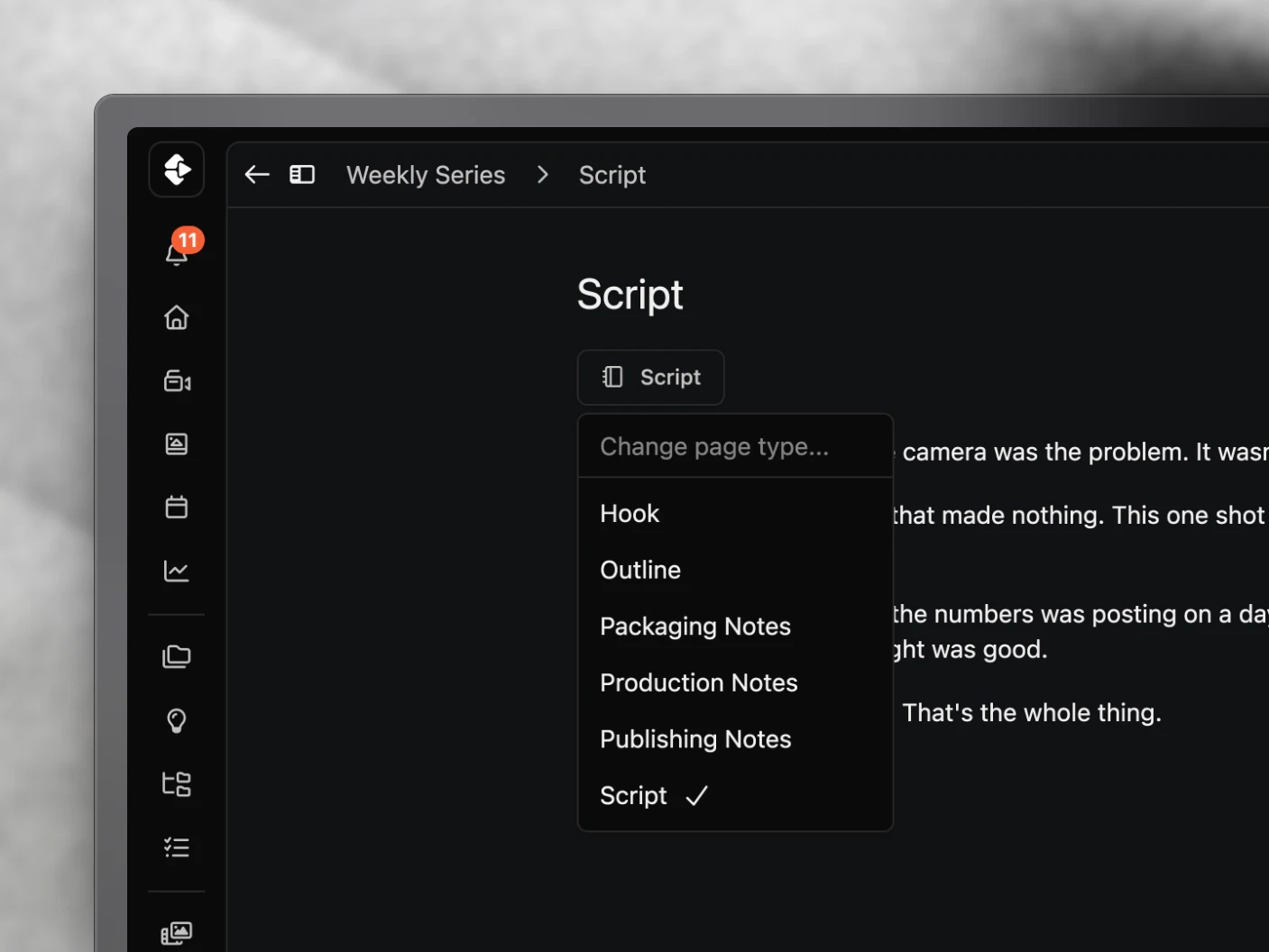 A script's page type menu open under its title, listing Hook, Outline, Packaging Notes, Production Notes, Publishing Notes and Script