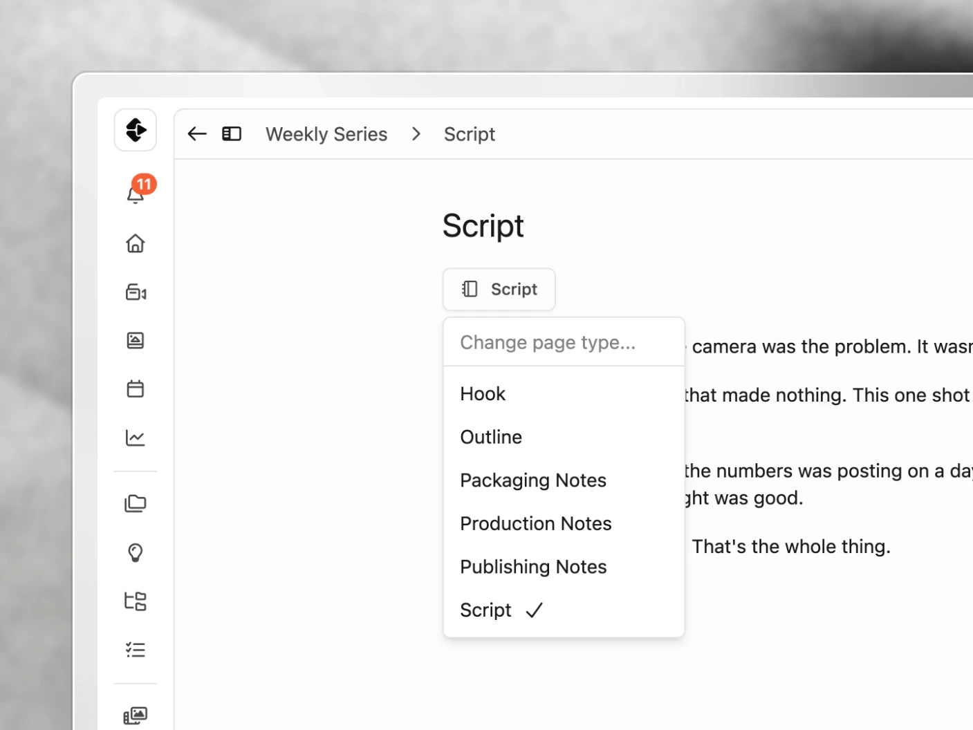 A script's page type menu open under its title, listing Hook, Outline, Packaging Notes, Production Notes, Publishing Notes and Script