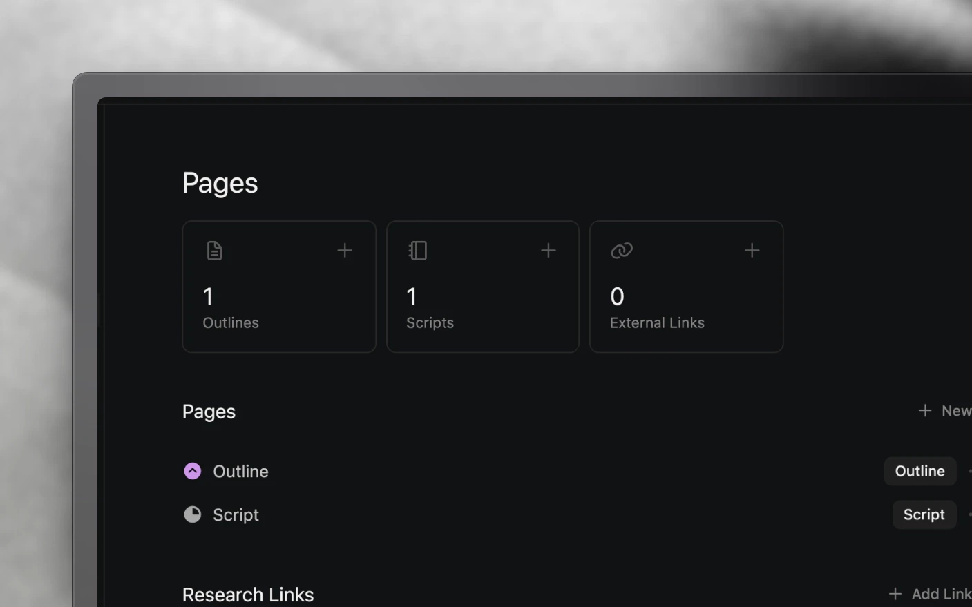 A project's pages, showing its outline and script alongside the counts of each page type