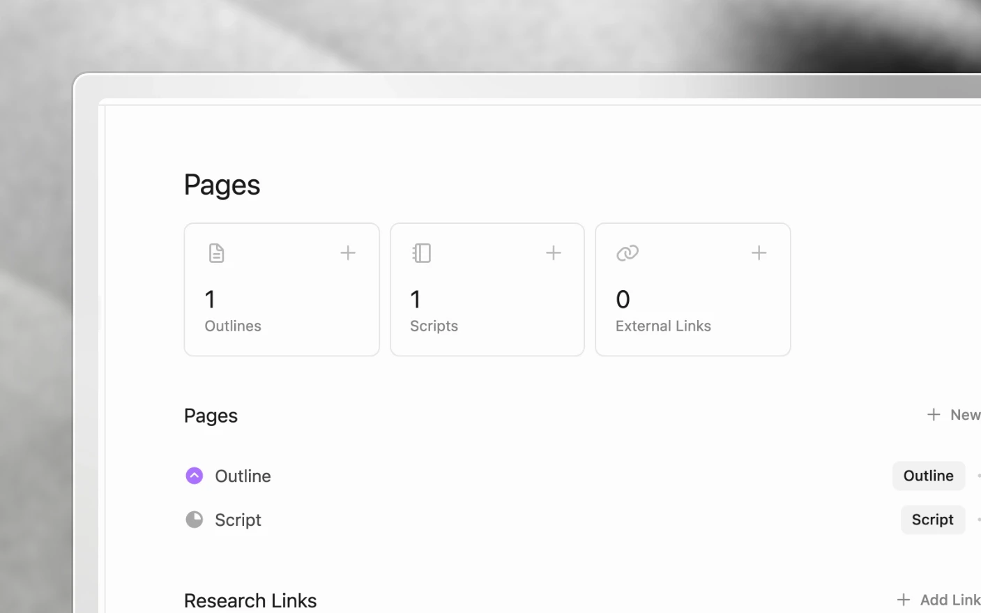 A project's pages, showing its outline and script alongside the counts of each page type