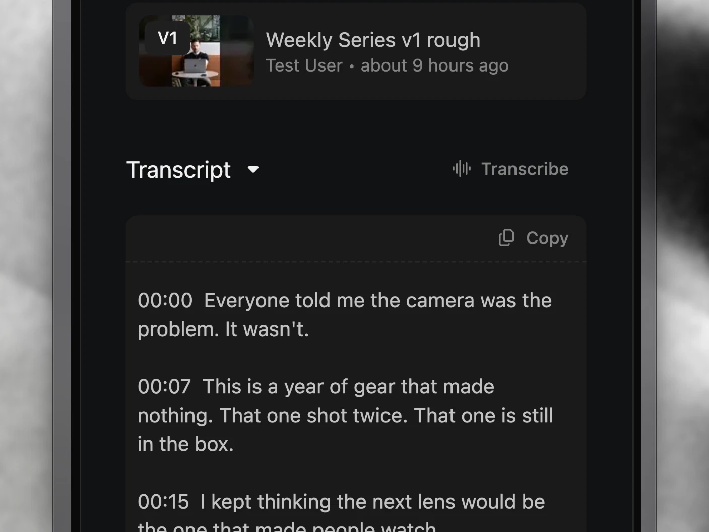 A media file's transcript in its attributes panel beside the player, each line timestamped, running past the bottom of the frame