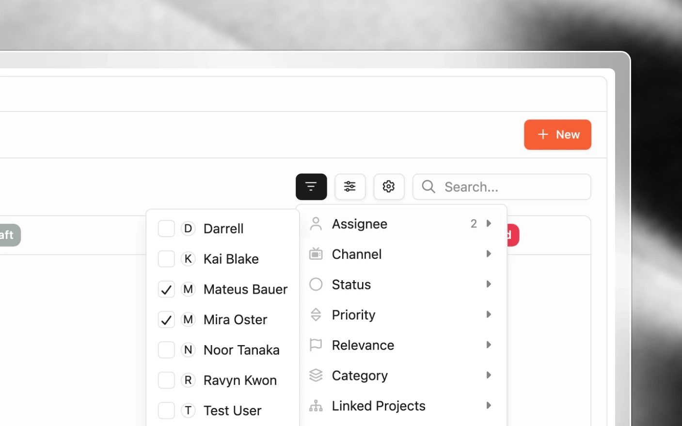 The projects board's filter menu open on Assignee, with two teammates ticked and a count of 2 beside the filter