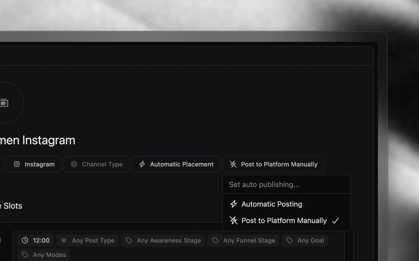 An Instagram channel's auto publishing menu open, with Automatic Posting and Post to Platform Manually, above its time slots