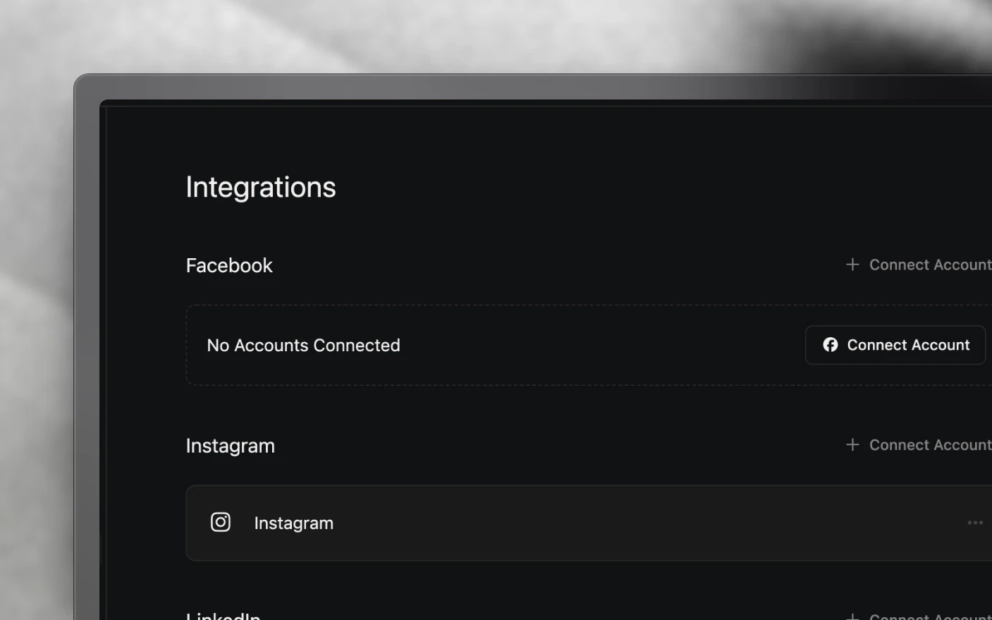 Organization integrations with Facebook, Instagram and LinkedIn, each offering a Connect Account action