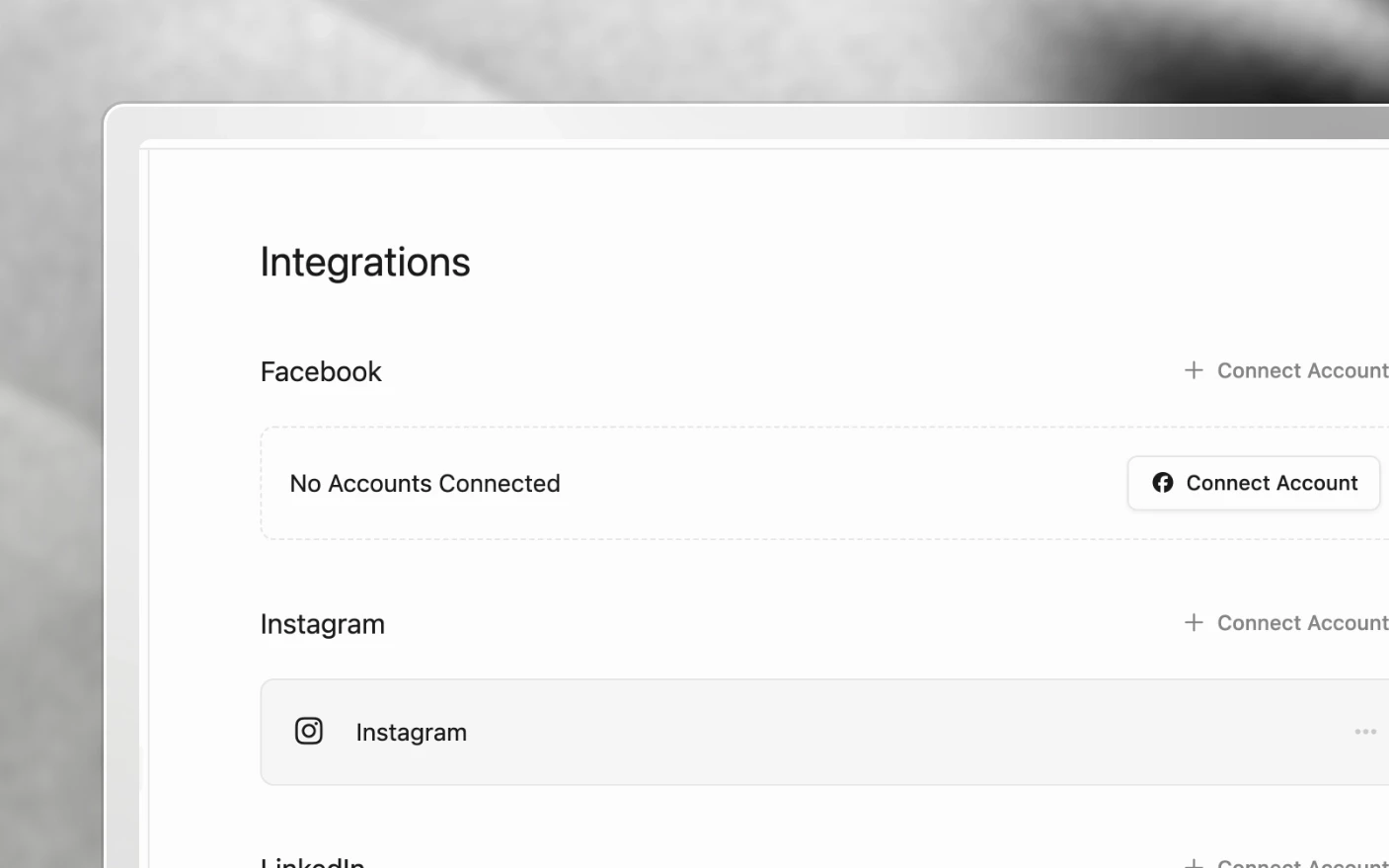 Organization integrations with Facebook, Instagram and LinkedIn, each offering a Connect Account action