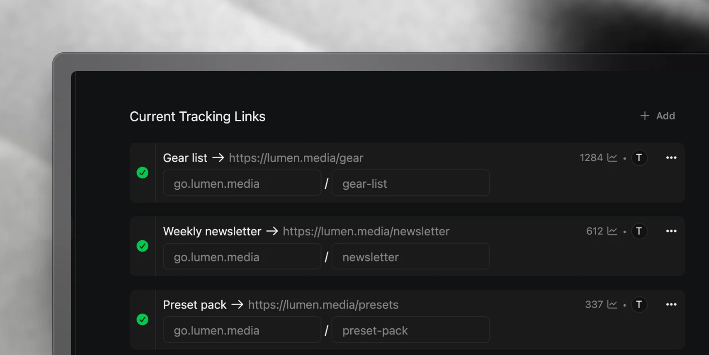 Tracking links on the brand's own domain: each short link reads go.lumen.media followed by its token, with its click count