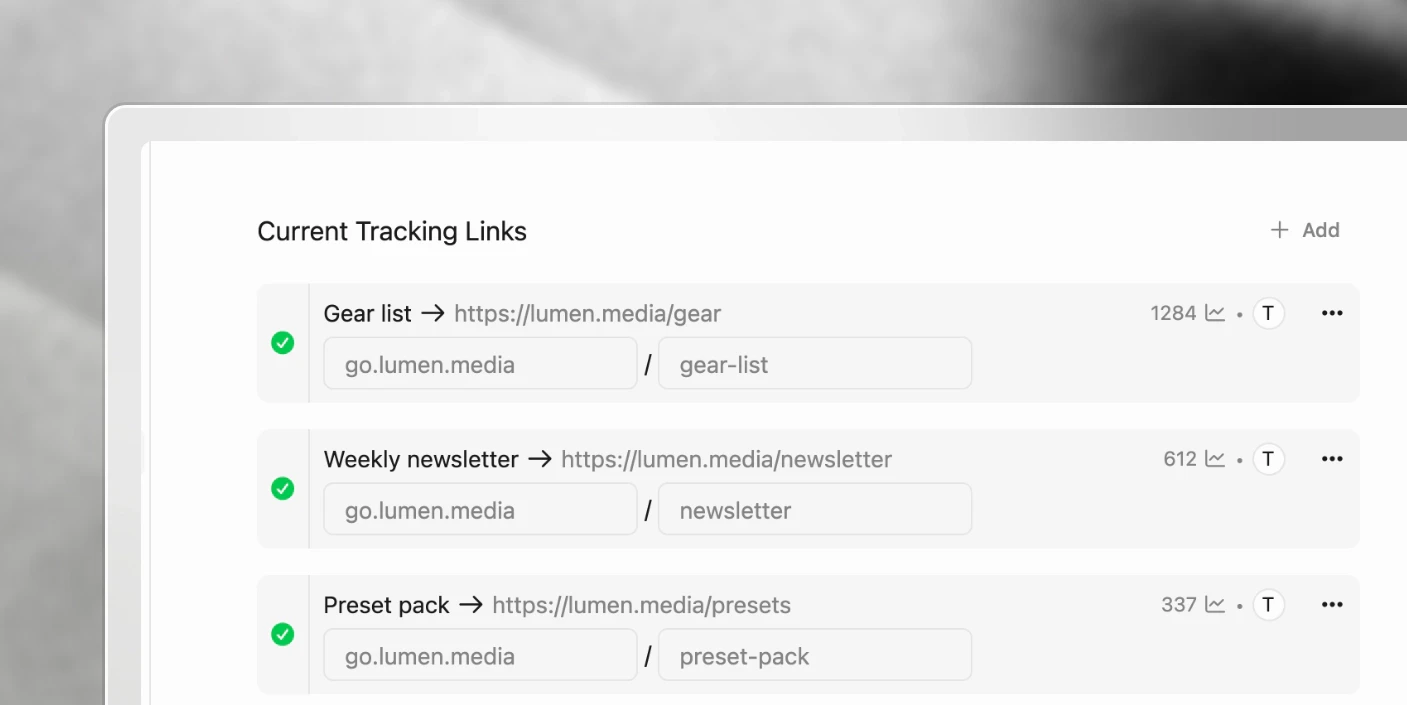 Tracking links on the brand's own domain: each short link reads go.lumen.media followed by its token, with its click count